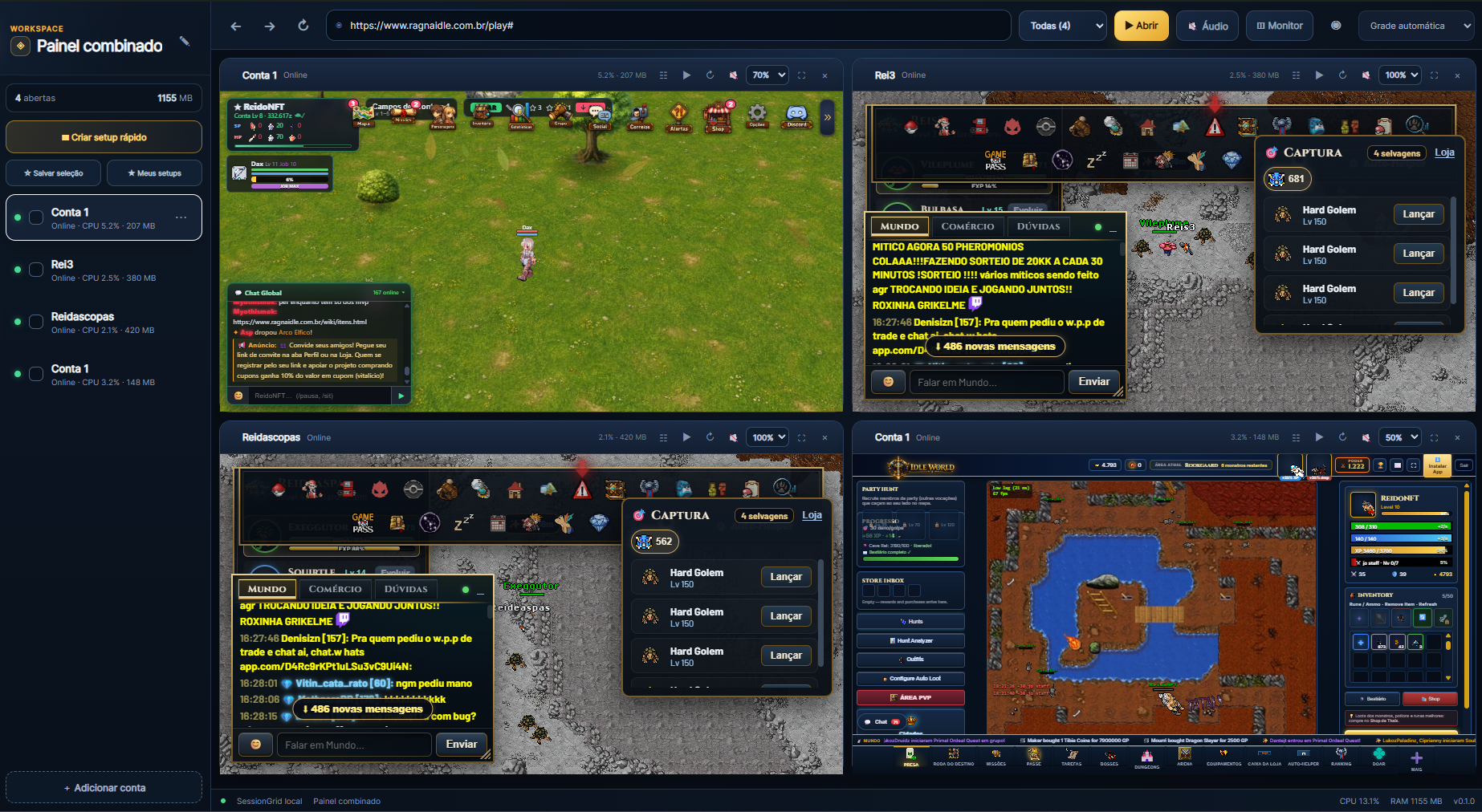 SessionGrid em uso com quatro sessões de jogos abertas e zoom individual